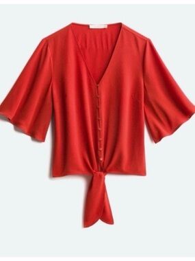 Lush Burnt Orange Tie Front Blouse Button Down V-Neck Size Medium